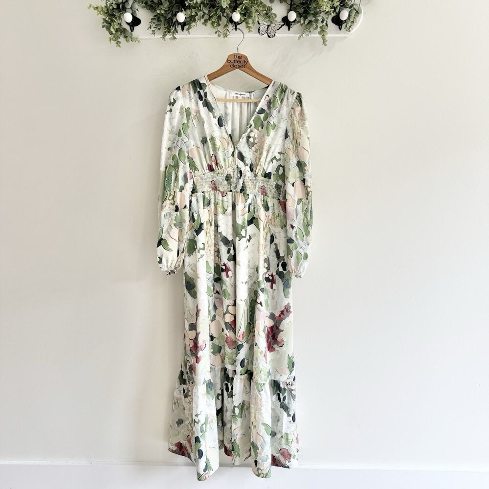 Maxigerui Watercolor Floral Tiered V Neck Maxi Dress Large DB